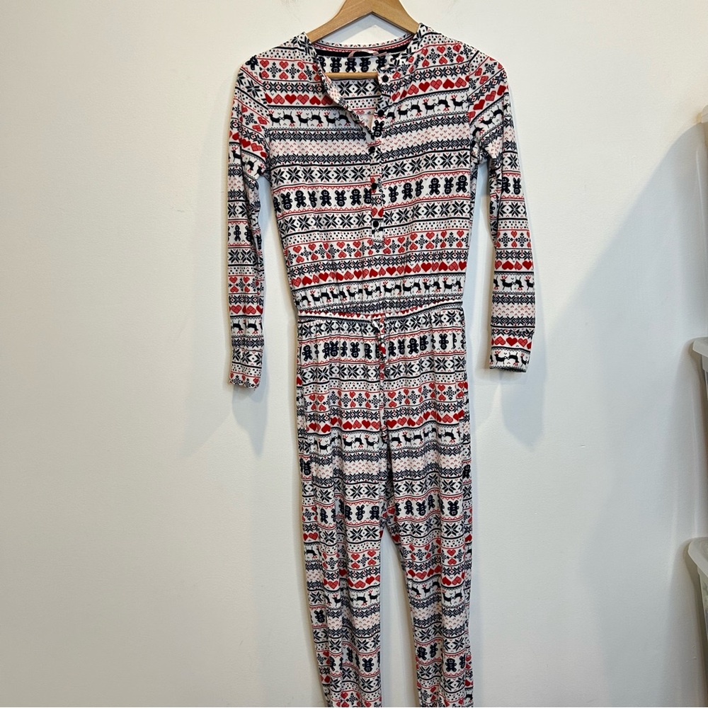 La Vie En Rose Fleece One Piece Jumpsuit Pajamas Christmas Winter Holiday print